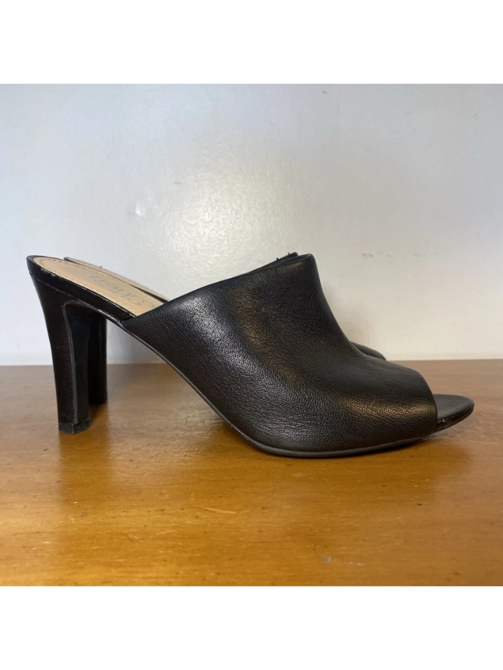 Franco Sarto Women’s 9.5 Black Leather Slip On Mule Heels Peep Toe Stiletto
